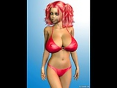 赤いビキニの巨大なおっぱいと3D赤毛