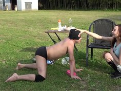 Risa trains her slaves in public and foot worship domination femdom